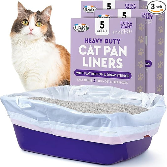 Alfapet Heavy Duty Flat Bottom Cat Litter Box Liners - Extra Giant 15 Count - Tear-Resistant Cat Litter Bags - Kitty Litter Liners for Rectangular Litterbox Pans, 36” x 18” x 2MIL Thick 30 lb Capacity-PurrikoPets