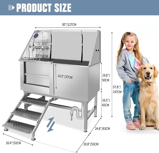 Dog Washing Station 38'' Stainless Steel Pet Grooming Tub for Large Dogs Over-Size Professional Dog Grooming Bathtub Station Wash Shower Sink Pet Grooming Bathtub Station-PurrikoPets