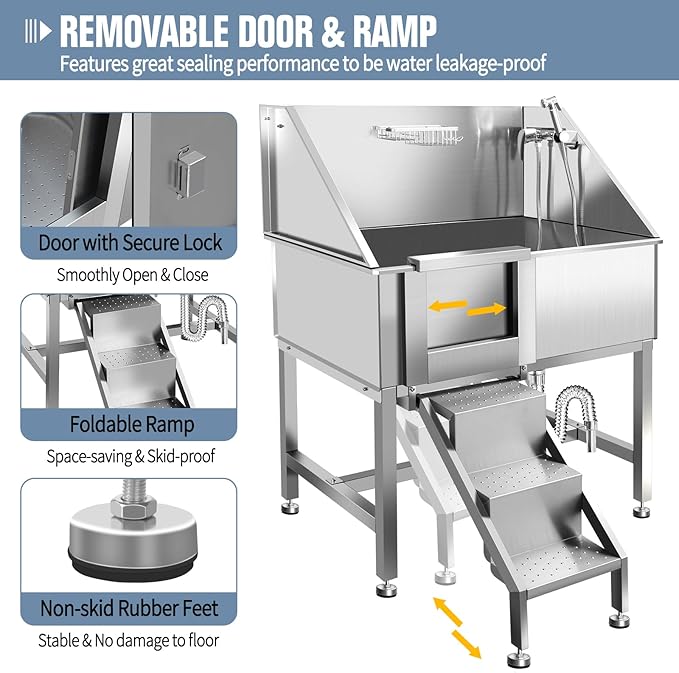 38" Pet Dog Bathing Station W/Stairs, Professional Stainless Steel Dog Grooming Tub W/Soap Box, Faucet,Rich Accessory, Dog Bathtub for Large,Medium,Small Pets, Washing Sink for Home,L-RAMP-PurrikoPets