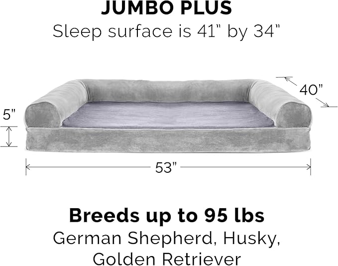 Furhaven Cooling Gel Dog Bed for Large Dogs w/ Removable Bolsters & Washable Cover, For Dogs Up to 125 lbs - Faux Fur & Velvet Sofa - Smoke Gray, Jumbo Plus/XXL-PurrikoPets
