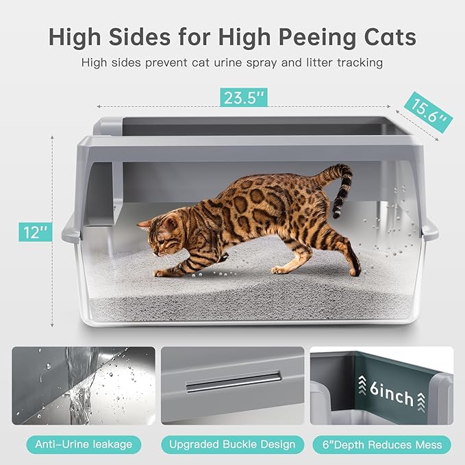 Enclosed Stainless Steel Cat Litter Box with Lid, XL Extra Large Litter Box for Big Cats, Metal Litter Pan High Sided, Never Absorbs Odors, Anti-Urine Leakage, Include Scoop (SH-Light Gray)-PurrikoPets
