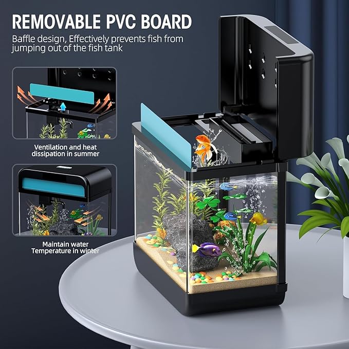 Fish Tank Aquarium 2.2 Gallon with Adjustable 3 Colors Lighting 3 in 1 Pump with Filteration, Oxygenation, Water Circulation Triple Function, HD Float Glass, Leak-Proof Thickened Base-PurrikoPets