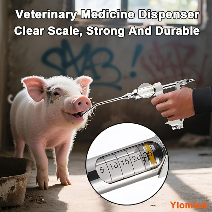 30ML Veterinary Metal Feeding Gun, Continuous Drench Gun Dosing Device Veterinary Adjustable Medicine Dispenser Husbandry Autonomous Feeding Tool, for Pig Cow, Sheep, Horse (White Color, 30ML+Kettle)-PurrikoPets