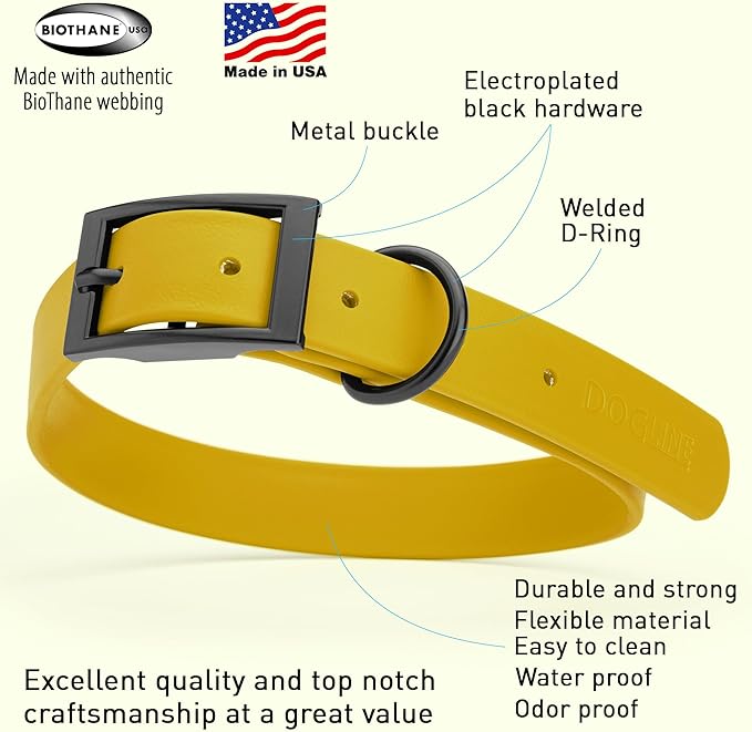 Dogline Biothane Waterproof Dog Collar Strong Coated Nylon Webbing with Black Hardware Odor- Proof for Easy Care Easy to Clean High Performance Fits Small Medium or Large Dogs, Treasure Gold-PurrikoPets