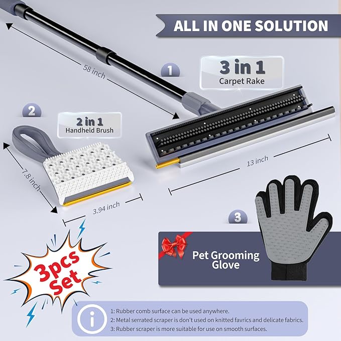 3 in 1 Carpet rake Kit for Pet Hair Removal Tool - Reusable Pet Hair Remover Broom w 58" Adjustable Long Handle, Dog & Cat Carpet Scraper, Pet Hair Remover for Rugs, Mats, Couch, Curtains(Gray)-PurrikoPets