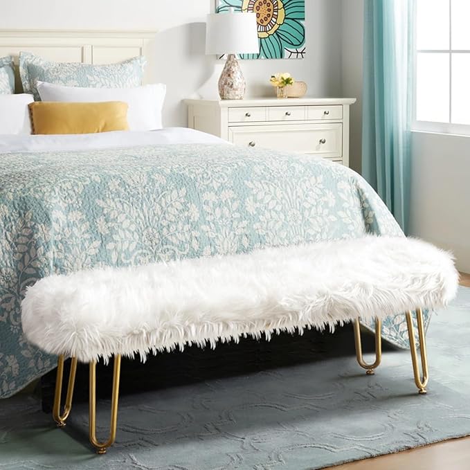 42.5Inch White Bedroom Bench, Benches for Bedroom White Faux Fur Upholstered Bed end Bench, Tufting Bench Indoor Bench with Metal Legs for Living Room Bedroom Dining Room Entryway-PurrikoPets