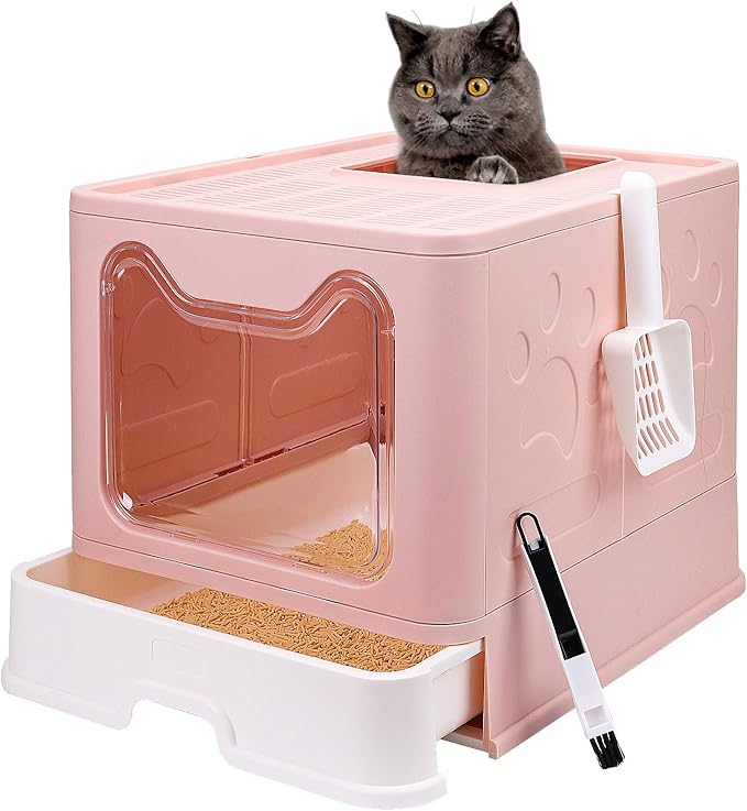 Foldable Cat Litter Box with Lid, Enclosed Potty, Large Top Entry Anti-Splashing Toilet, Easy to Clean Including Litter Scoop and 2-in-1 Cleaning Brush (Pink)-PurrikoPets