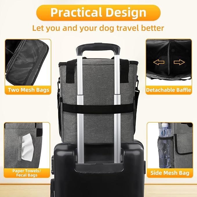 Dog Travel Bag for Camping - Weekend Pet Accessories With 2 Collapsible Bowls, 2 Food Containers, 1 Waterproof Feeding Mat - M, Grey-PurrikoPets
