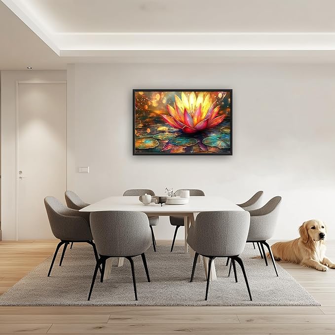 Framed Large Lotus Wall Art for Living Room, Oversized Lotus Flower Wall Decor Zen Golden Floral Canvas Painting Modern Artwork Home Decoration for Living Room Bedroom Office 36"x24"-PurrikoPets