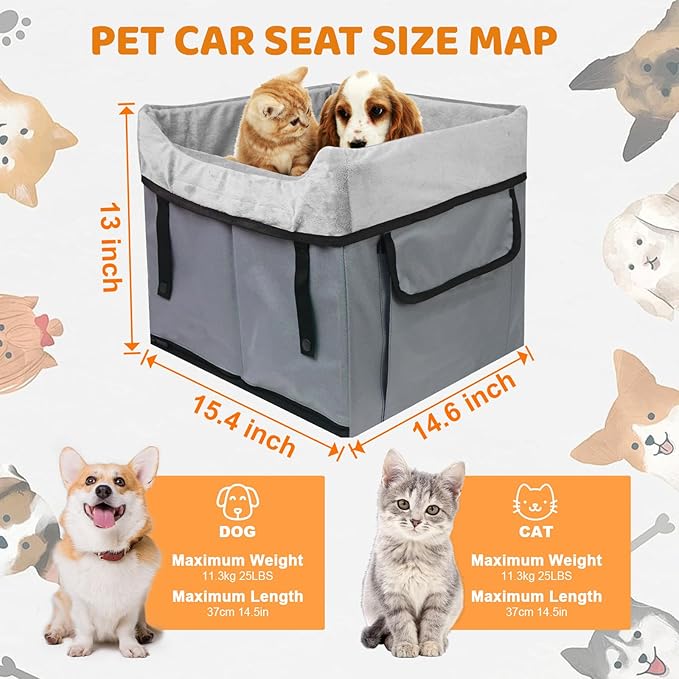 Eunice Small Dog Car Seat, 15.5 in (L) X 14.6 in (W) X 13 in (H) Washable Detachable and Portable Dog Booster Car Seat with Clip-on Safety Leash, Puppy Car Seats Storable Bottom Layer - Up to 25 lbs-PurrikoPets