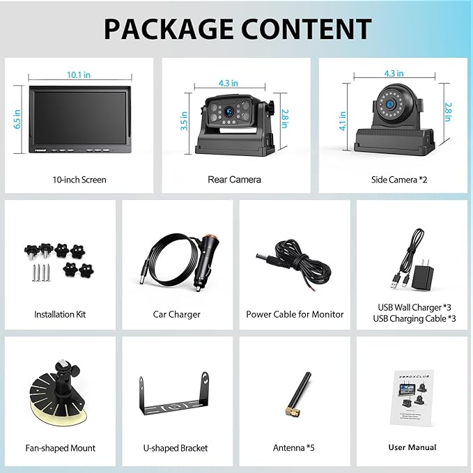 3 Magnetic Wireless Backup Camera with HD 1080P 10" DVR Monitor, 1-Rear View 2-Side View Cameras Wireless System for RV Trailer Trucks, Built-in 9600mAh Battery,Night Vision,Recording- ZEROXCLUB BC103-PurrikoPets