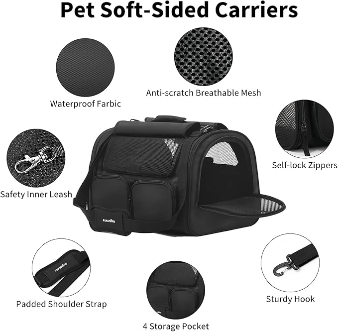 FUKUMARU Cat Carrier, 4 Mesh Windows Small Dog Carrier, 4 Storage Pockets Cat Travel Bag, Under 15 lb Airline Approved Pet Carrier, Rollable Cover for Nervous Cats, Black-PurrikoPets