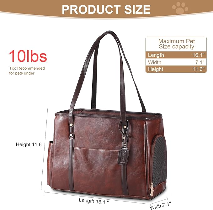 Fashion Dog Carrier Purse, Premium Leather Cat Carrier Bag, Airline Approved Soft Sided Pet Travel Tote Bag with Pockets Coffee-PurrikoPets