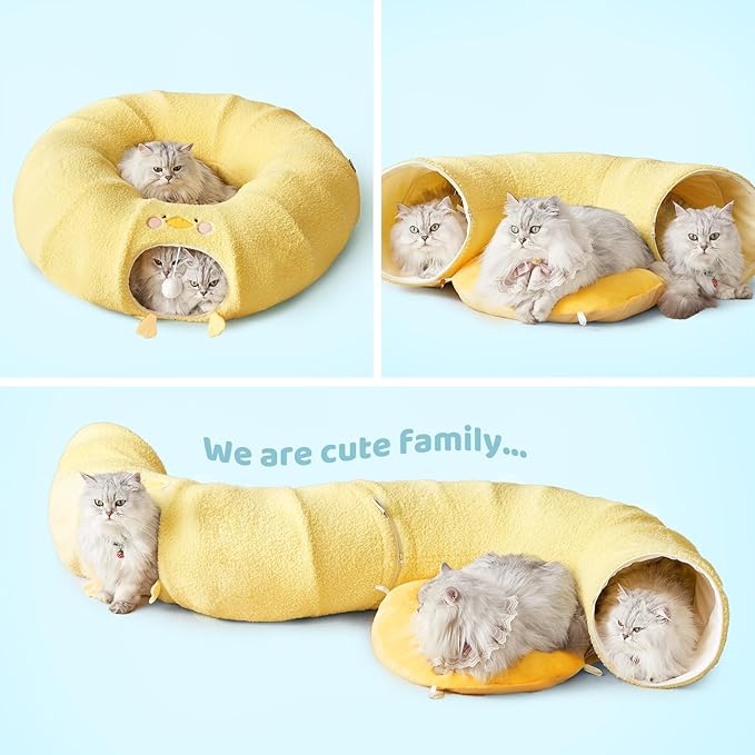EHEYCIGA Cat Tunnel Bed for Indoor Cats, Cute Cat Donut Toy Tunnel for Small Large Cats with Washable Circle Cushion, Peekaboo Pet Cave Play Tunnel for Kitten, Puppy, Rabbit-PurrikoPets