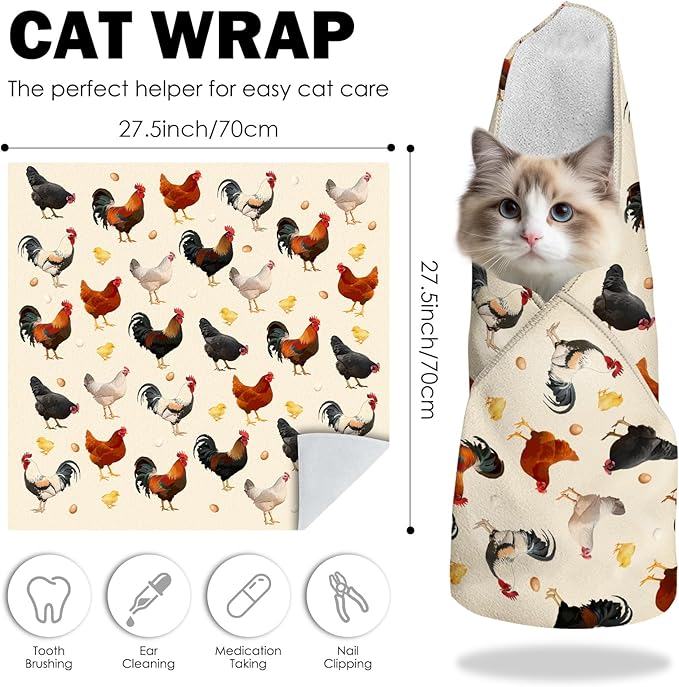 27.6"Cat Grooming Wrap, Self Adhesive Cat Wrap for Cutting Nails, Anti-Escape Calming Cat Swaddle Wrap for Medicine Ear Cleaning, Chicken Anti-Scratch Cats Burrito Restraint Blanket,Practical Pet Tool-PurrikoPets