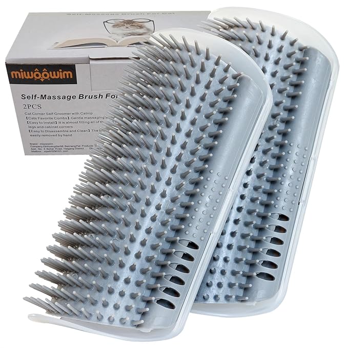 Extended (6.1") 2 Pack Self Grooming Cat Brush - Wall Corner Scratcher with Massage Combs for Long and Short Fur Cats, Kittens (Grey)-PurrikoPets