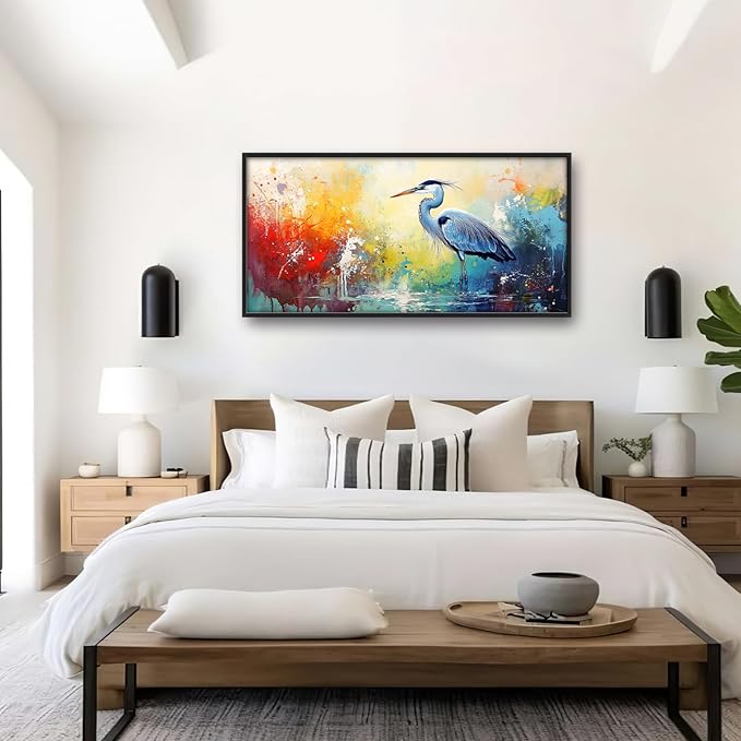 Extra Large Framed Abstract Heron Wall Art,Oversized Colorful Graffiti Heron Wall Decor Pictures for Living Room,Canvas Print Painting Modern Artwork Bedroom Office Bathroom Home Decor 60L x 30W-PurrikoPets