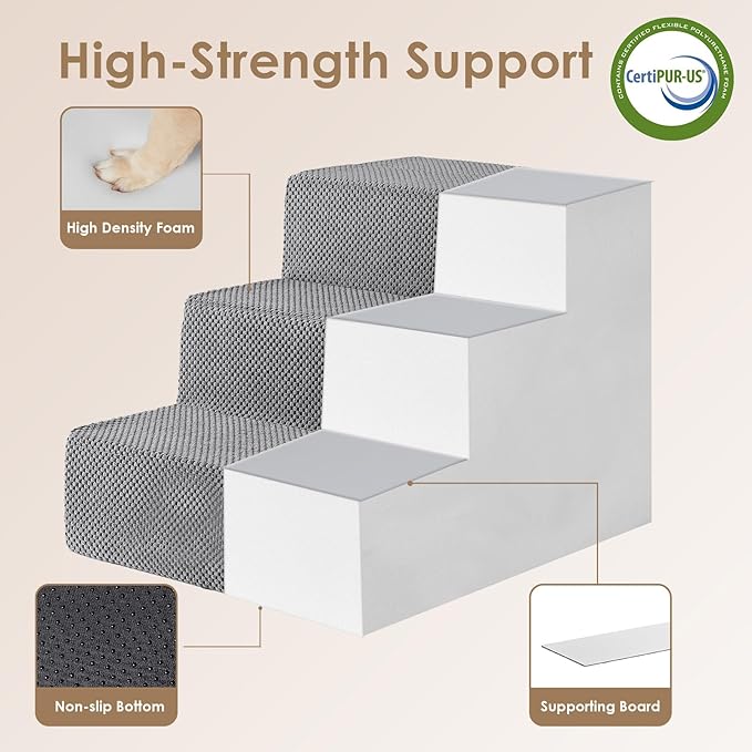EHEYCIGA Dog Stairs for Small Dogs 16.5" H, 3-Step Extra Wide Dog Steps for Couch Sofa and Chair, Pet Steps for Medium Cats, Non-Slip Balanced Pet Ramp Indoor, Grey-PurrikoPets