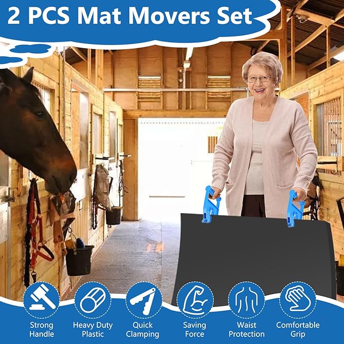 2 Piece Mat Movers Set, Heavy Duty Rubber Mat Grippers for Horse Stalls, Gym, Barn, Trailer, Stall Mat Handlers with Strong Handle and Plastic Teeth, Effortless Mat Puller for Tack Room, Barn-PurrikoPets