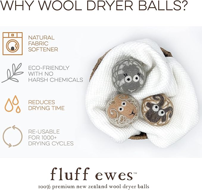 Fluff Ewes Wool Dryer Balls 3 Pack Premium New Zealand Wool Laundry Balls for Dryer, No Static Dryer Balls Laundry Reusable Cute - XL Wool Dryer Balls Cute, Baby Dryer Balls for Dryers - Lights-PurrikoPets