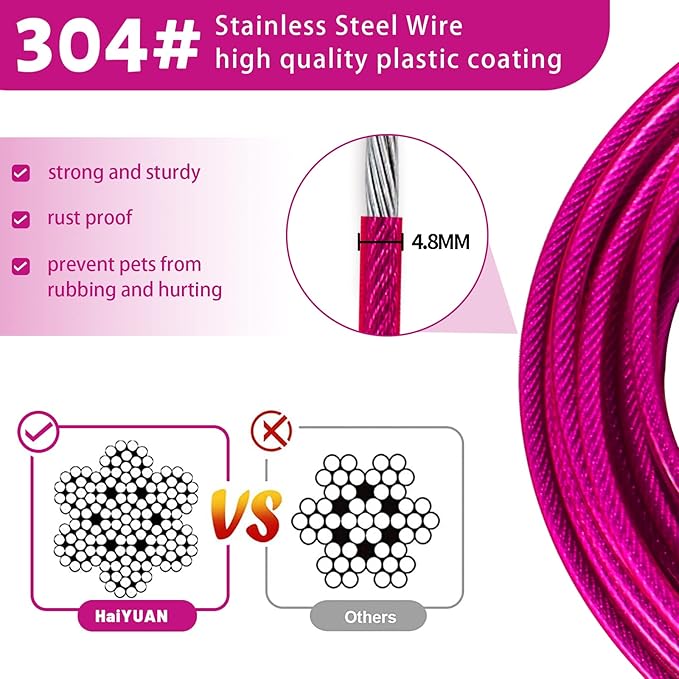 Dog Tie Out Cable 10/15/20/25/30 FT Runner for Yard Steel Wire Cable with Durable Superior Clips Pink Chains for Outside Dog Lead for Large Up to 165 Lbs-PurrikoPets