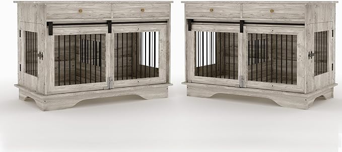 Dog Furniture Crate, 47" Large Dog Crate Furniture w/ 2 Storage Draws & Removable Divider for Large/Medium/Small Dogs (Grey, Double Cage)-PurrikoPets