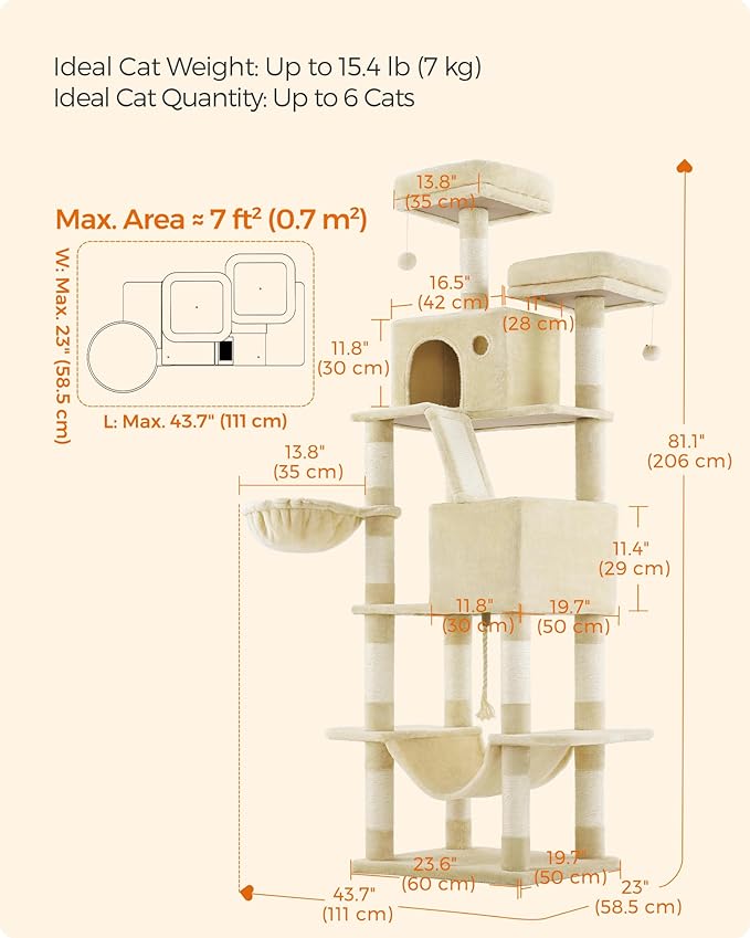 Feandrea Cat Tree, 81.1-Inch Large Cat Tower with 13 Scratching Posts, 2 Perches, 2 Caves, Basket, Hammock, Pompoms, Multi-Level Plush Cat Condo for Indoor Cats, Beige UPCT190M01-PurrikoPets