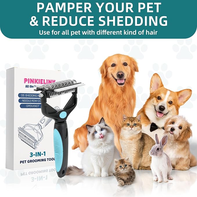 3-IN-1 Pet Grooming Tool - Undercoat Rake, Dematting Comb & Deshedding Brush for Cats & Dogs - Removes Mats, Tangles & Loose Fur, Reduces Shedding & Prevents Hair Mess (Blue)-PurrikoPets