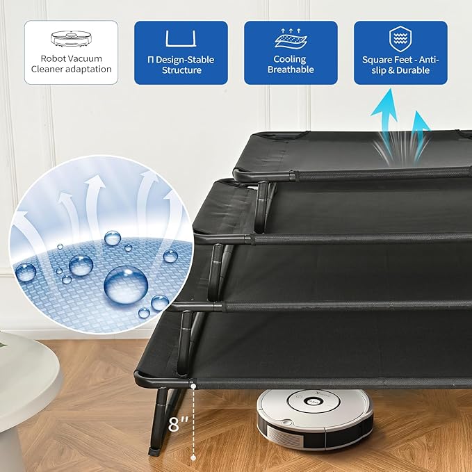 Elevated Dog Beds, Extra Large Raised Dog Cots Outdoor Cooling Dog Bed Waterproof Stable and Easy Assembly, Teslin Fabric with 1.2mm Thick Iron Frame, Breathable, Ultra-Sturdy，Black, 54*37*8.7-PurrikoPets