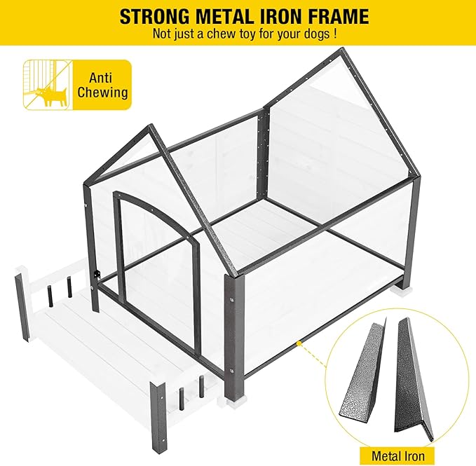 Aivituvin Dog House Outdoor with Metal Frame, Dog Kennel Outside for Small to Medium Breed, 45" Weatherproof Large Dog Shelter with Anti-Chewing Iron Frame, White (45" D x 32.9" W x 32.6" H)-PurrikoPets