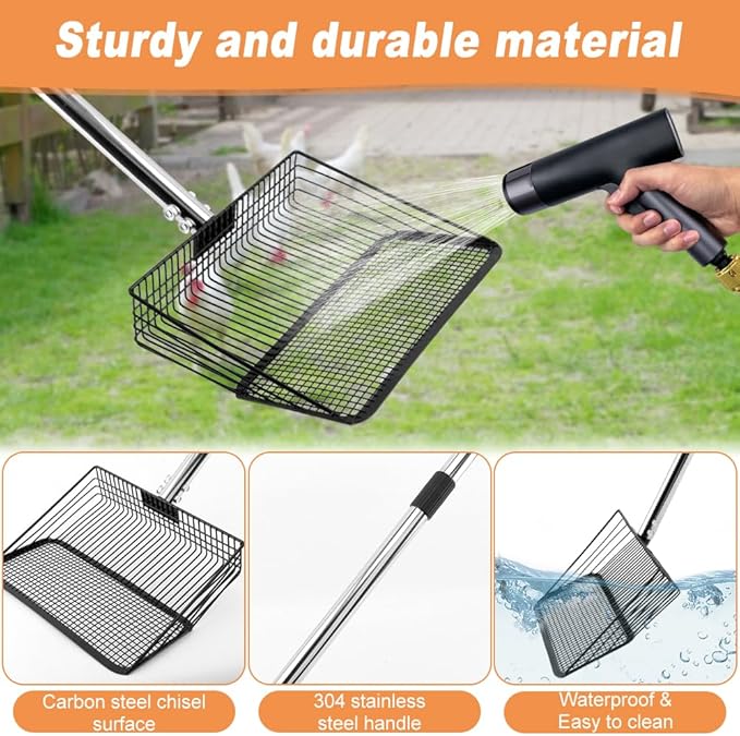 10inch Chicken Poop Scooper, Chicken Coop Scoop for Poop, 4 Sections Extended with 22 to 77inch Stainless Steel Adjustable Handle, Litter Scooper Sifting Shovel-PurrikoPets