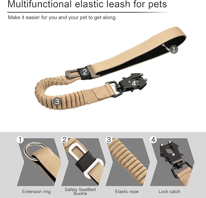 20” Strong Short Leash for Dog, Heavy Duty Bungee Dogs Leash with Padded Handle Car Seatbelt, Small Dog Training Leashs for Large or Medium Dogs - Can be Used with Other leashes (Khaki)-PurrikoPets