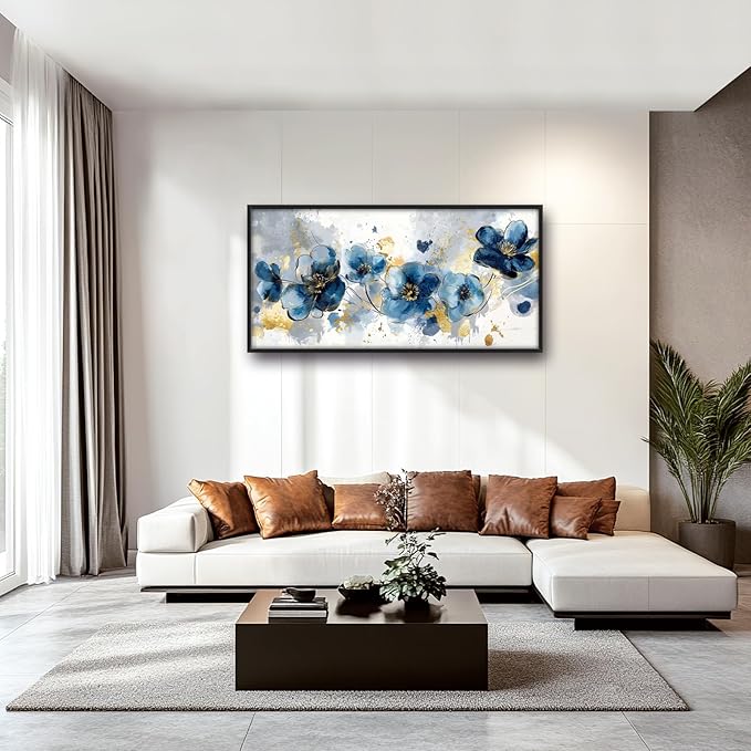 Extra Large Framed Abstract Blue Flower Wall Art,Oversized Golden Grey Floral Wall Decor Pictures for Living Room,Canvas Print Painting Modern Artwork Bedroom Office Bathroom Home Decor 60L" x 30W"-PurrikoPets