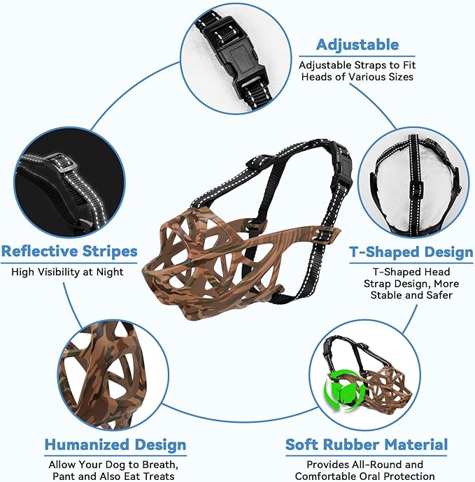 Dog Muzzle for Large Dogs, Breathable Basket Muzzles for Small, Medium and X-Large Aggressive Dog, Allows Panting Drinking, Suitable for Grooming Trimming Training (Camouflage Brown, M)-PurrikoPets