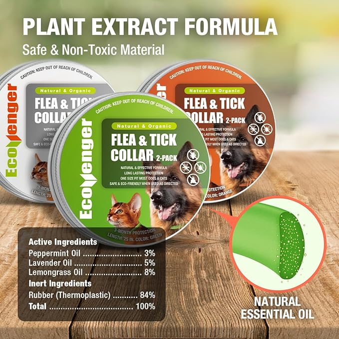 EcoVenger Flea & Tick Collar Repellent 2-Pack Green, Fits Both Dogs & Cats, Built-in Pant-Based Formula Strong Repellency Slow Release, Lasting Deterrence and Protection, Pleasant Aroma, Waterproof-PurrikoPets