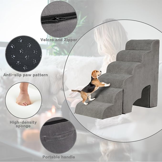 Dog Stairs for High Beds 25-30 inches Tall, 6-Step Dog Steps for High Bed for Doggies/Kitties, 30D Foam Pet Stairs Steps for Small Dogs, Dog Ramp/Ladder for Old Dogs/Cats, Grey-PurrikoPets