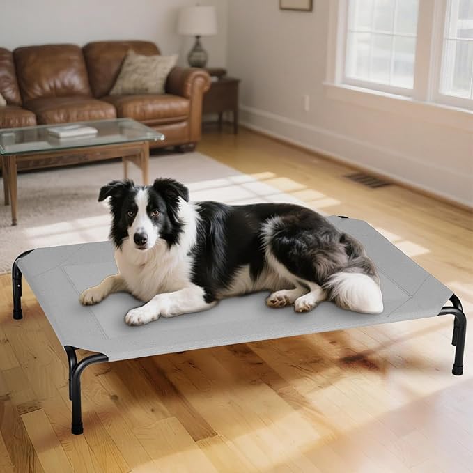 Elevated Dog Bed for Outdoor, XXL Raised Dog Cot Indestructible with Washable Mesh, Cooling Summer Pet Cot Chew Proof for Outside Camping Travel, 51 inch Grey-PurrikoPets