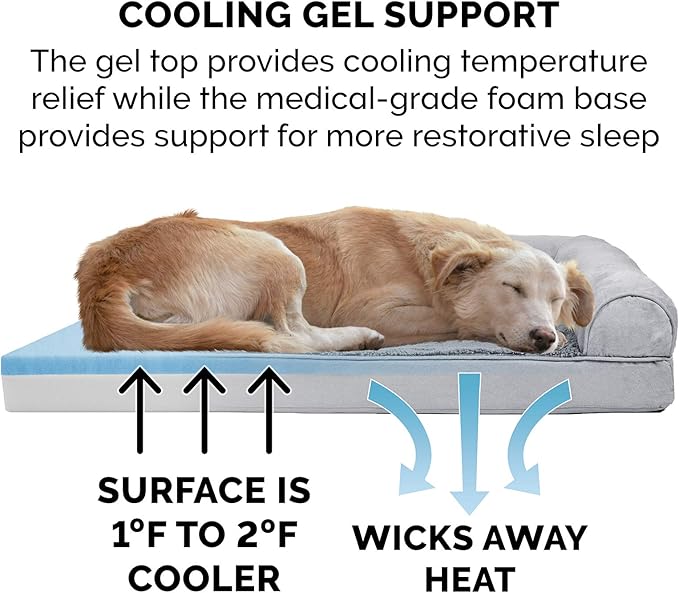 Furhaven Cooling Gel Dog Bed for Large Dogs w/ Removable Bolsters & Washable Cover, For Dogs Up to 125 lbs - Plush & Suede Sofa - Gray, Jumbo Plus/XXL-PurrikoPets