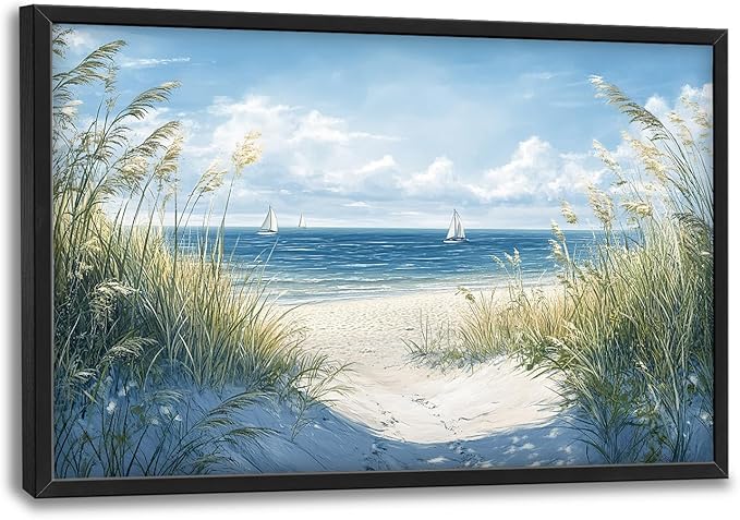 Framed Large Beach Wall Art for Living Room, Oversized Coastal Nautical Wall Decor Sailboat Canvas Seaside Pictures Modern Artwork Home Decoration for Living Room Bedroom Office 36"x24"-PurrikoPets