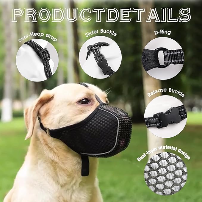 Dog Muzzle, Mesh Soft Muzzle for Small Medium Large Sized Dogs, Breathable Adjustable Puppy Muzzles for Scavenging Biting Licking and Chewing, Allows Panting and Drinking(Reflective Mesh, XXL)-PurrikoPets