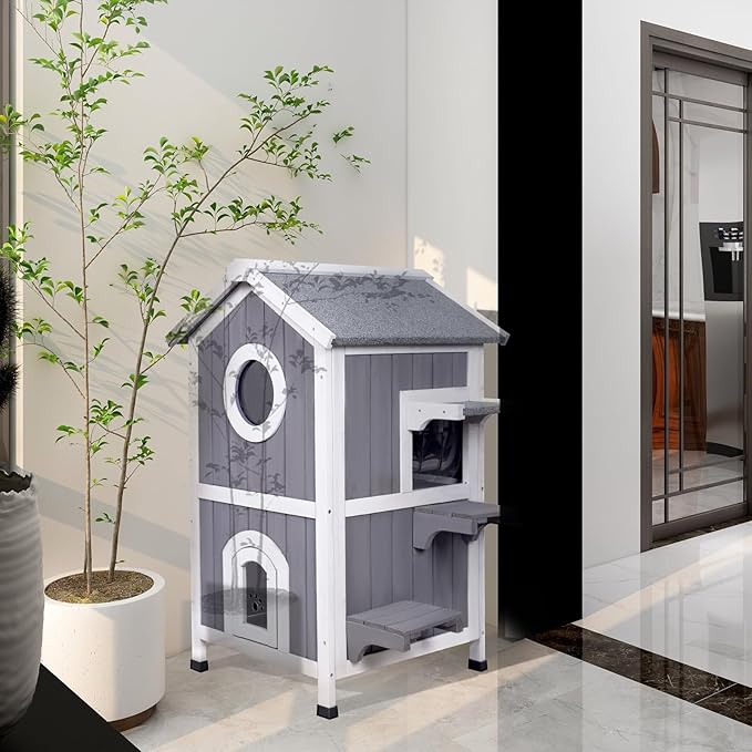 GEGURI Outdoor Cat House Weatherproof, Wooden Two-Story Feral Cat Shelter with Openable Roof, Escape Door, Balcony-PurrikoPets
