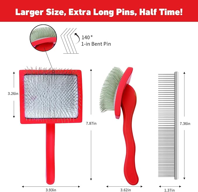Dog Slicker Brush for Shedding and Grooming Medium or Long Haired Cats, Extra Long & Soft Pin Slicker Brush for Removes Loose Hair, Tangles, Knots, Undercoat, Free Pet Comb, Large Red-PurrikoPets