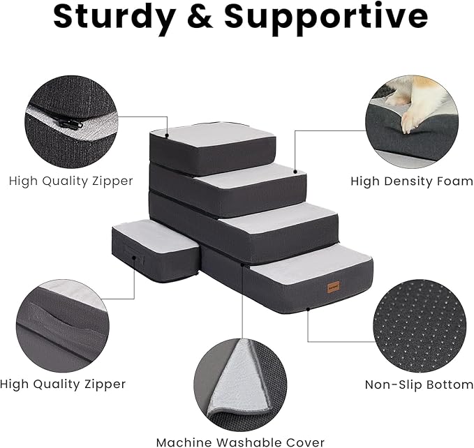 4-Step Adjustable Dog Stairs for Beds, Dog Steps for Small Dogs and Cats, Foldable Pet Stairs for Bed Climbing, Non-Slip Pet Step Indoor, Grey-PurrikoPets