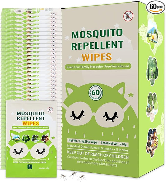 60 PCS Mosquito Repellent Wipes, Individually Wrapped Insect Repellent Wipes Made of Natural Plant-Based Essential Oils, Safe & Effective Insect Protection Perfect for Outdoor Activities, Long-Lasting-PurrikoPets
