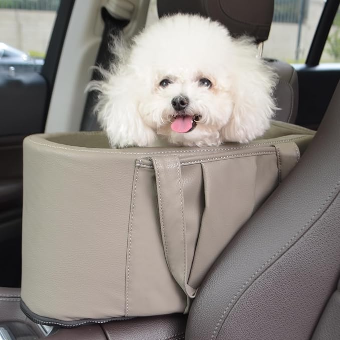 2 and 1 Center Console Dog Car Seat & Carrier for Small Dogs, Large Leather Dog Car Bed with Storage Pocket, Waterproof PVC Leather Seat Travel Bed for Front & Back Seat, Clip-On Safety Leash-PurrikoPets