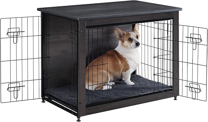 DWANTON Dog Crate Furniture with Cushion, Wooden Kennel Table with Double Doors, Indoor Dog House, Medium Size, 32.5" L, Dark Gray-PurrikoPets