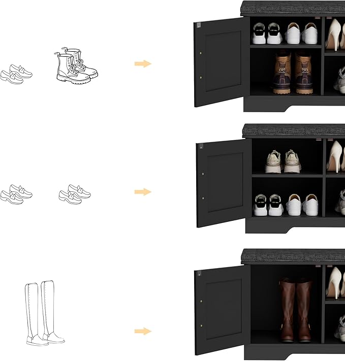 2-Tier Storage Bench, Shoe Bench with Padded Seat Cushion, Entryway Bench with 2 Barn Doors, Adjustable Shelf, 13.8" D x 27.6" W x 17.7" H, for Entryway, Living Room, Bedroom, Black-PurrikoPets