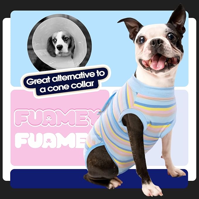 FUAMEY Recovery Suit for Dogs After Surgery,Soft Breathable Dog Bodysuit E-Collar & Cone Alternative Surgical Suit,Male Female Dog Neuter Spay Suits Anti Licking Wounds Onesie Blue Yellow Stripes S-PurrikoPets
