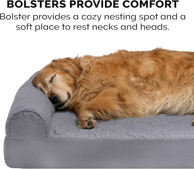 Furhaven Cooling Gel Dog Bed for Medium/Small Dogs w/ Removable Bolsters & Washable Cover, For Dogs Up to 35 lbs - Pinsonic Quilted Paw L Shaped Chaise - Titanium, Medium-PurrikoPets