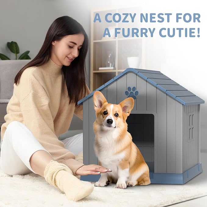 DRATO Dog House Indoor Outdoor for Small to Large Sized Dogs Indoor Outdoor Doghouse Puppy Shelter with Elevated Floor, Easy to Assemble (Blue, 31Inch(31.18 * 33.7 * 32.52))-PurrikoPets